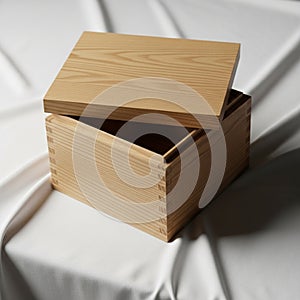 A wooden box with a simple, rectangular design rests on a white fabric surface. The