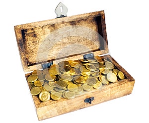 Wooden box or treasure chest with shiny euro cent coins