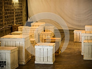 Wooden box used as chairs and tables