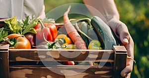 Wooden box with vegetables in the hands of a farmer. Concept of bio products, bio ecology, grown by yourself, vegetarians.