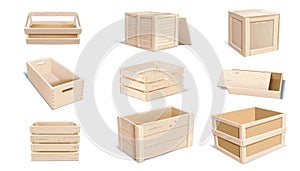 Wooden box. Wood fruit crate, 3d pallet, basket or drawer, open vegetable case for grocery storage. Warehouse containers