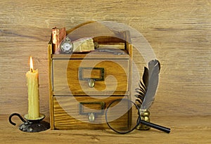 Wooden box with written implements