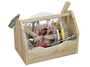 Wooden box for your toolbox. Next to which is an ax, a chisel, a chisel, pliers, a mallet, a hammer, a screwdriver, a wrench, a