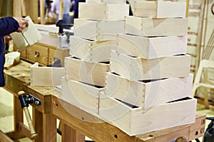 Wooden boxes in carpenter workshop