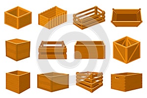 Wooden boxes. Delivery containers, empty wood boxes and parcels, packed shipping crates isolated vector illustration set
