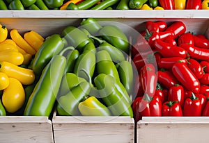 In wooden boxes, there are several fresh yellow, green, and red sweet bulgarian peppers.