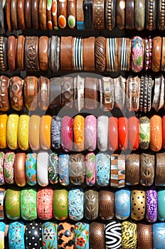 Wooden bracelets on a street market