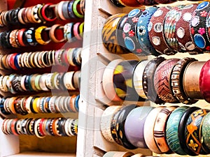 Wooden bracelets in the street shop