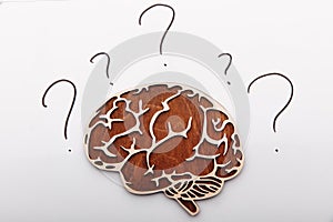 Wooden brain with question signs