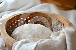 wooden bread proofing basket with a towelcovered dough