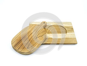 Wooden breadboard and tray on white background