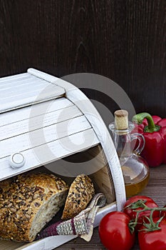 Wooden Breadbox with fresh bread