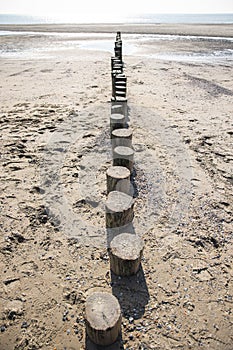 Wooden breakwater on beach