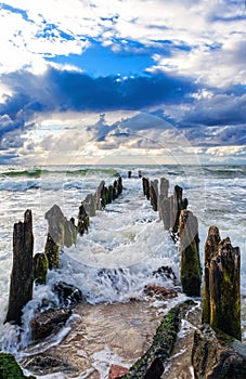 Wooden breakwater at the coast of the sea