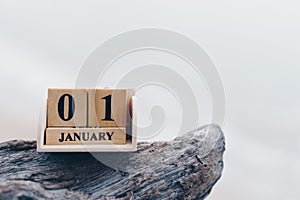 Wooden brick block show date and month calendar of 1st January or New year day. Celebration and holiday long weekend season