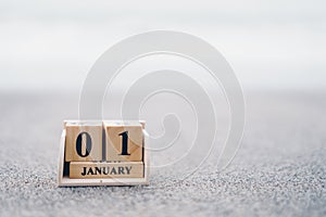Wooden brick block show date and month calendar of 1st January or New year day. Celebration and holiday long weekend season
