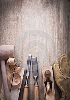 Wooden bricks hammer curled up scobs planer firmer chisels leath