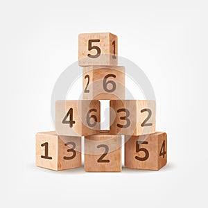 Wooden bricks tower. 3d realistic wood blocks, number cube toy building for baby play, brick block toys school kid