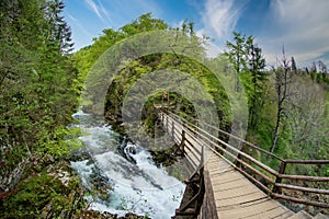 Wooden bridge above Radovna river in the end of Vintgar gorge and Sum waterfall, Slovenia