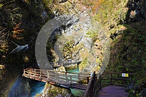 Wooden bridge across Radovna river in Vintgar gorge near Bled