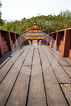 Wooden bridge in Ancient City Samut Prakan.