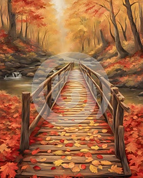 Wooden bridge in autumn park with fallen leaves