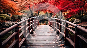 Wooden bridge in the autumn park, Japan autumn season, Kyoto Japan