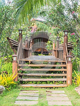 Wooden bridge and bench