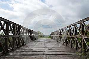 Wooden Bridge, Blue Sky and Clouds