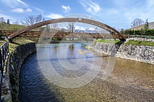 Wooden bridge in Cangas de Onis, on river Guena. Asturias