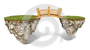 A wooden bridge connects two floating islands, isolated on white background, photo