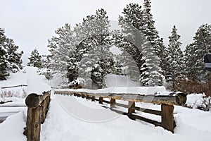 Wooden bridge covered in snow