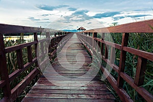 Wooden bridge cross around marsh in sunset time at Sam Roi Yot National Park,Thailand