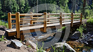 A wooden bridge crosses over a small creek providing access to a designated observation area for visitors