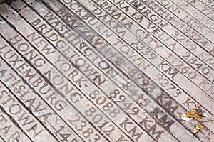 Wooden bridge with engraved geographical distances of world capitals from istanbul turkey to bridgetown photo