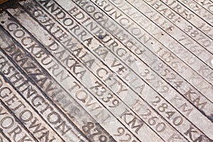 Wooden bridge with engraved geographical distances of world capitals from istanbul turkey to cockburn town photo