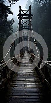 Wooden Bridge In A Foggy Forest: Dark And Gritty Landscape