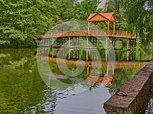 Wooden bridge with a gazebo