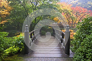 Wooden Bridge at Japanese Garden in Fall