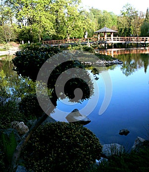 Wooden bridge in a Japanese garden in Wroclaw