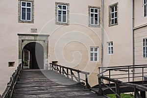 Wooden bridge leading to the entrance to the Uzhhorod castle. Ukraine