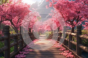 Wooden bridge leading to extravagantly blooming pink cherry - sakura trees in a Japanese park, picturesque spring scene