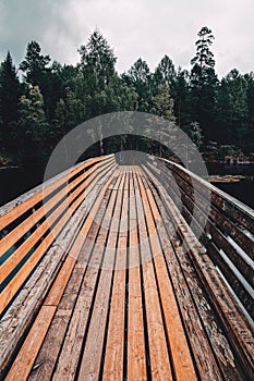 Wooden bridge leading towards a green forest