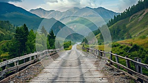 Wooden bridge leading towards a mountainous expanse