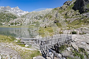 wooden bridge in the lower lake of cornisello