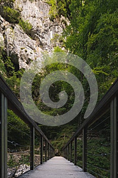 Wooden bridge with a metal wired fence in Alps mountains gorge,Slovenia