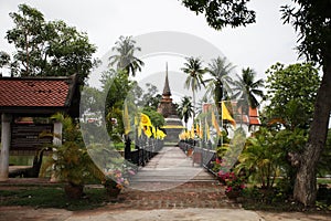 Wooden bridge with old pagoda