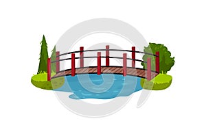 Wooden bridge over blue pond or river. Timber footbridge, green trees, bush and grass. Landscape element. Flat vector