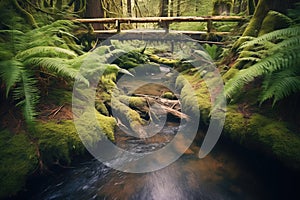 a wooden bridge over a forest brook surrounded by ferns