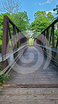 Wooden bridge over Huron River, Island Park, Ann Arbor, Michi